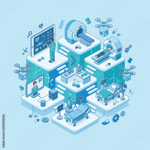 Isometric illustration of futuristic healthcare technology