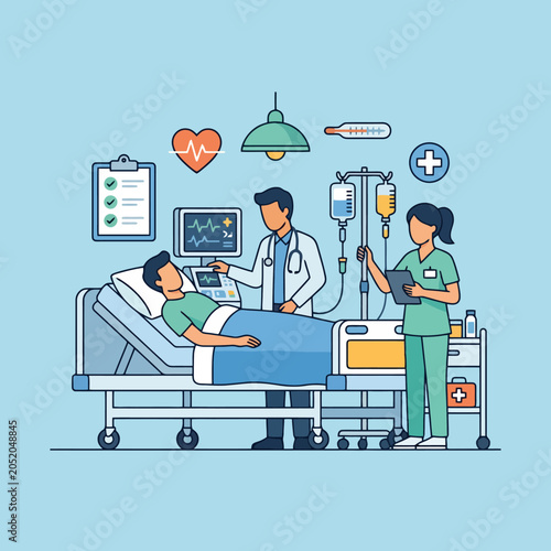 Foto Medical professionals attend to a patient in a hospital room