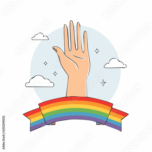 Hand with Rainbow Flag and Clouds