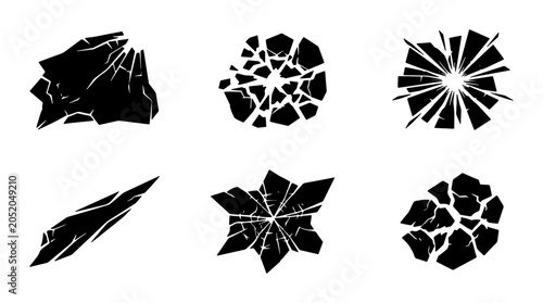 Photos Set of six black shattered broken glass shapes on white background Vector