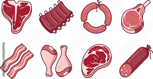 Obraz na płótnie Butcher Shop and BBQ Meat Vector Icon Set Featuring T Bone Steak Pork Ribs Sausa
