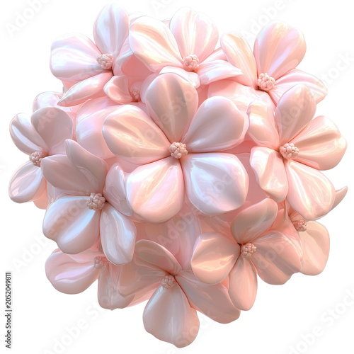 Delicate pastel hydrangea cluster with glossy petals and detailed centers isolated on white background