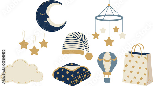 Photos Cute Newborn Baby Shower Vector Element Set with Sleeping Crescent Moon, Crib Mo