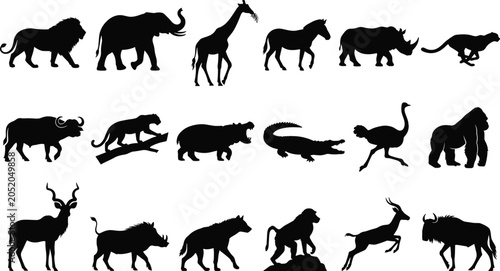 Canvas Print Wildlife Animal Silhouette Collection Featuring African Safari Mammals Predators