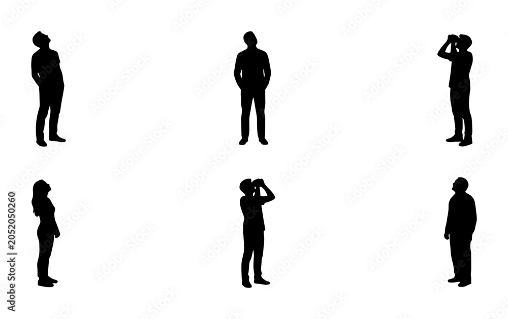 Obraz premium Collection of people silhouettes looking up, some using binoculars, isolated on white background Vector