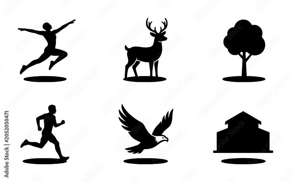 Fototapeta premium Collection of black silhouette icons: jumping person, running man, deer, eagle, tree, and house Vector