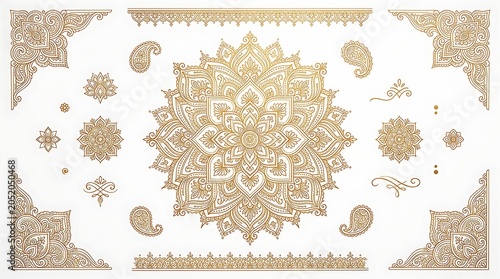 Golden Mandala Elements and Ornate Borders on White