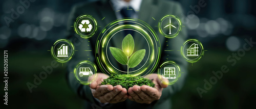 Green business sustainable seedling hand ecology renewable energy recycling growth concept for corporate responsibility, clean technology strategy