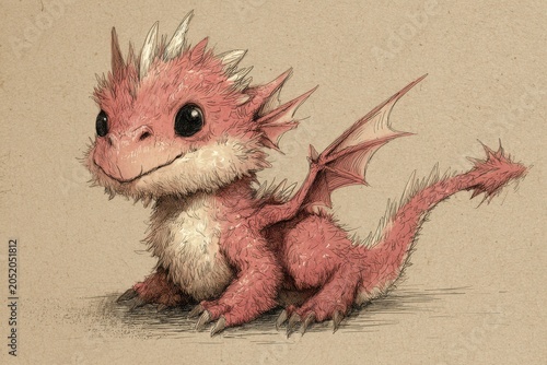 Cute fluffy pink baby dragon with big eyes resting on textured paper during a whimsical fantasy illustration