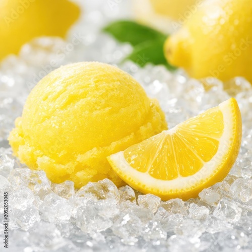 Close up of refreshing lemon sorbet and slice on crushed ice