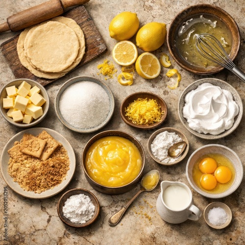 Culinary ingredients for baking lemons sugar butter flour and eggs