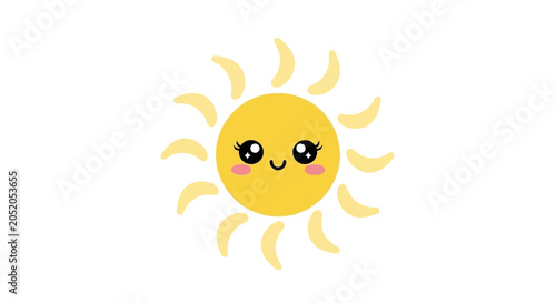 Cute cartoon sun with happy face and rays.