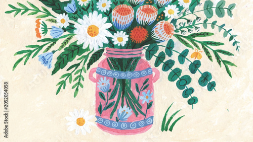 A whimsical hand-painted gouache illustration of two stacked floral vector background
