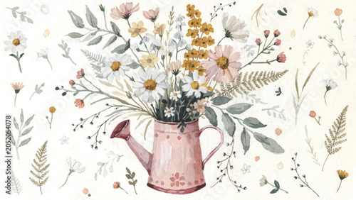 A whimsical hand-painted gouache illustration of two stacked floral vector background
