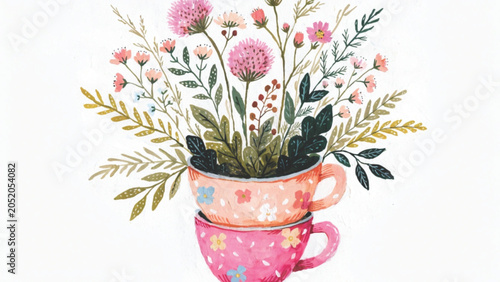 A whimsical hand-painted gouache illustration of two stacked floral vector background
