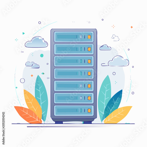 Server Rack Illustration with Clouds and Leaves