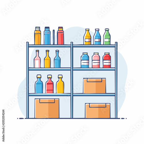 Shelving Unit with Bottles and Boxes