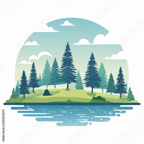 Stylized Forest Landscape with Lake and Clouds