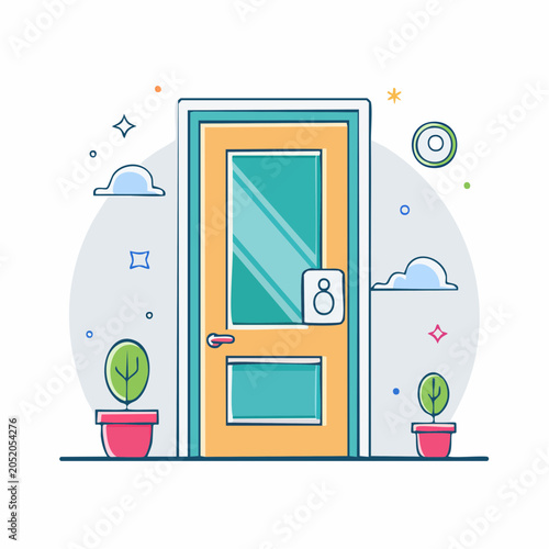 Stylized Door with Potted Plants and Clouds
