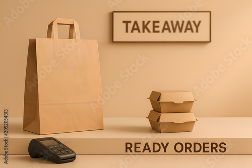 Takeaway Food Orders Ready for Pickup with Paper Bag and POS Terminal