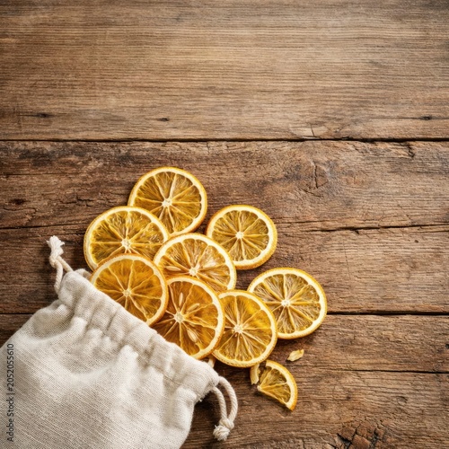 Dried citrus fruit slices spilling from a rustic canvas bag on wooden surface
