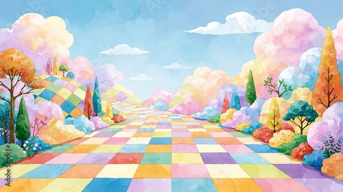 Mosaic rainbow road leading through a magical garden