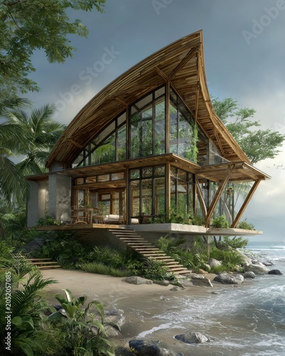 Modern Beachfront House with Unique Wooden Roof Design