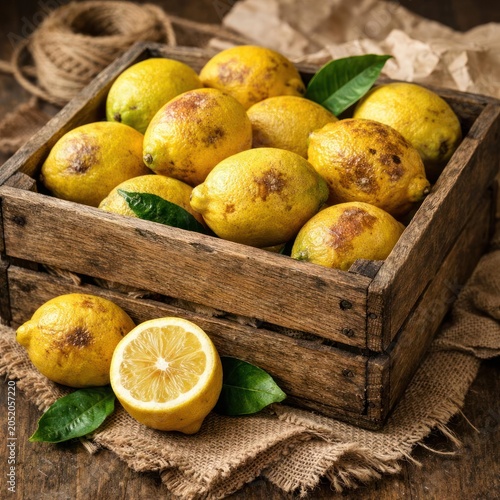 Fresh lemons in wooden crate with green leaves and rustic background