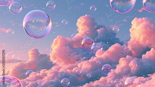 Many bubbles floating through a dreamy cloudscape
