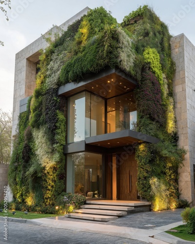 Modern Beige Stone House with Lush Green Vertical Garden at Dusk