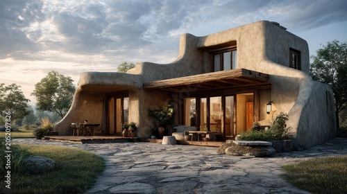 Modern Beige Stucco House with Curved Walls and Wooden Accents