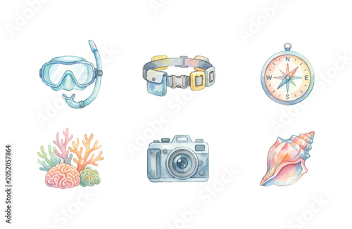 Watercolor scuba diving and marine life icons set on white background