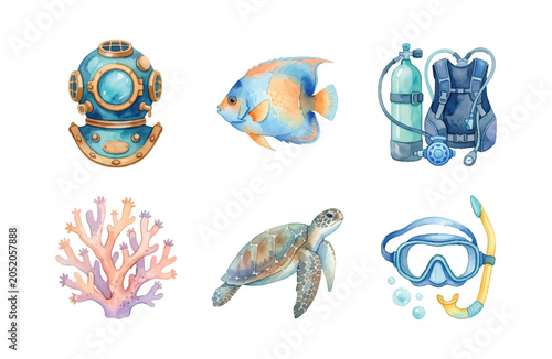 Watercolor scuba diving and marine life icons set