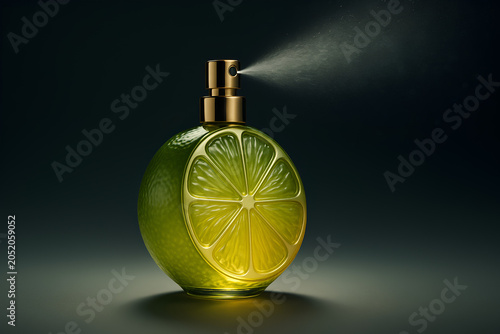 Conceptual lime-shaped perfume bottle spraying a fresh citrus mist