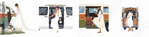 Foto A collection of illustrations featuring brides in elegant white wedding dresses boarding vintage camper vans for a romantic adventure and travel-themed wedding