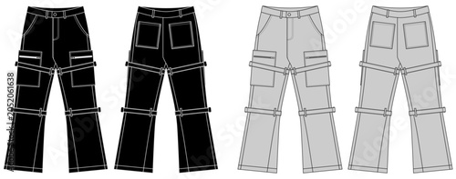 Techwear Cargo Pants Technical Fashion Flat Sketch Vector Template Front and Back View