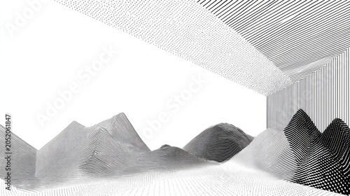 Abstract Black and White Digital Mountain Landscape with Glitch Texture