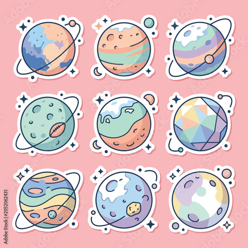 Картината върху платно Nine cute pastel planet stickers on a pink background