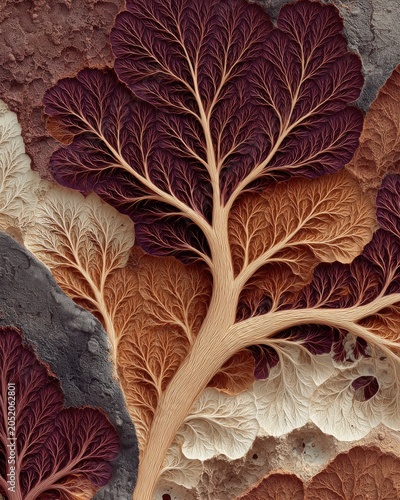 Abstract Burgundy Beige Gray Fractal Tree Relief Texture