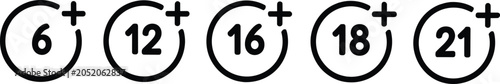 Foto Age restriction limit badge icons, circular line indicators with numbers for sen
