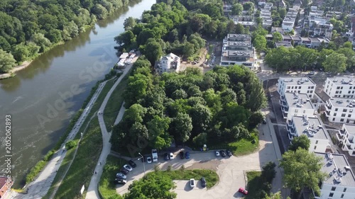 Odra river and modern residential area in Wroclaw, Poland