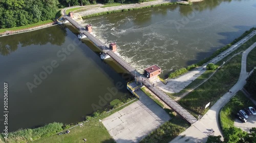 Water weir at Odra River in Wroclaw city, Poland