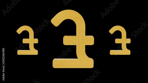 Golden 3D British pound currency sign rotating with financial data charts and global trading indicators.