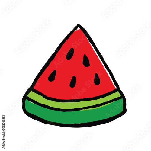 A colorful hand drawn illustration of a juicy watermelon slice.