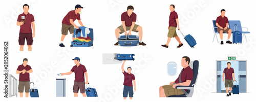 Photography Man traveling sequence and airport activities flat vector illustration set from