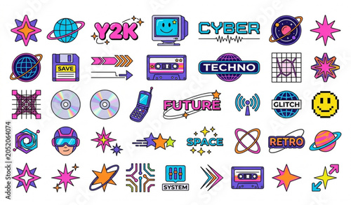 Obraz na płótnie Y2K Futuristic Symbol Collection Cyber Typography Stars and Globes Vector Illust