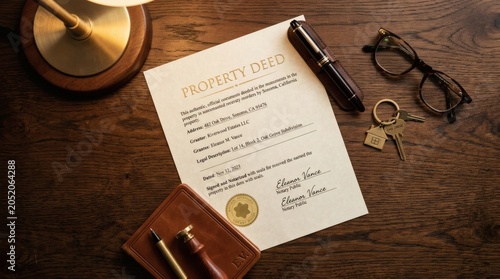 Property deed document on wooden desk with pen and keys.