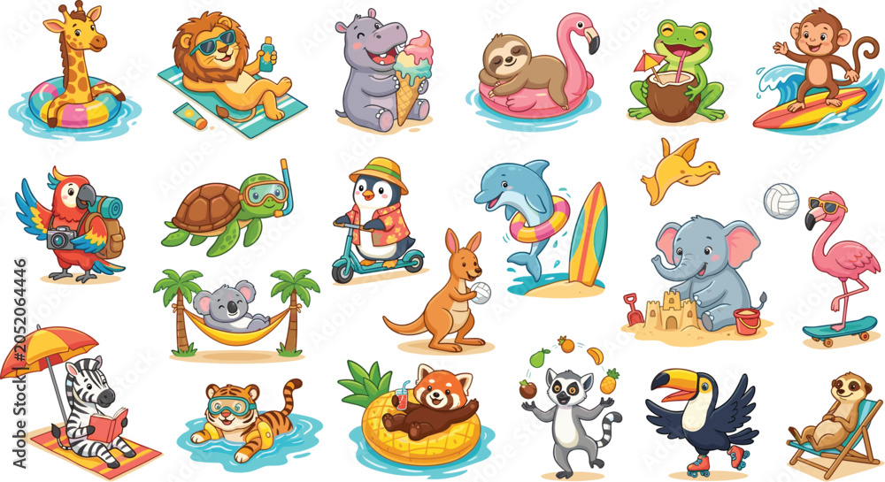 Obraz premium Adorned Cartoon Wild Animal Sticker Set Featuring Happy Creatures Sunbathing, Swimming, Surfing, and Eating Ice Cream for Kids Beach Party Invitation Graphics