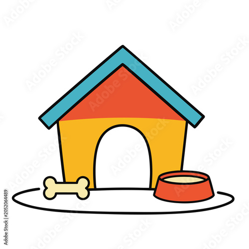 Colorful illustration of a dog house with a bone and food bowl.