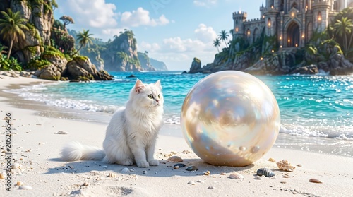 White longhaired cat sitting on sandy tropical beach beside large iridescent spherical orb, turquoise sea and dramatic coastal castle in background, whimsical sunny seaside scene